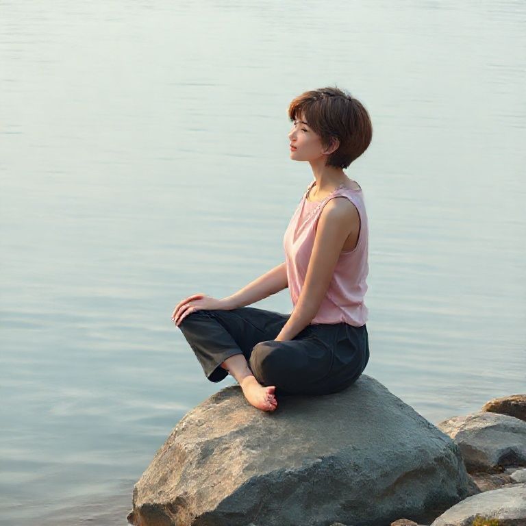 一位短发女性穿着淡粉色无袖上衣和深色裤子，盘腿坐在水边的石头上，背景是宁静的水面，水面上有细微的涟漪，整体色调柔和，氛围宁静且略带清冷感。

重绘提示：短发女性，淡粉色无袖上衣，深色裤子，盘腿坐在河边或湖边石头上，背景是平静的水面带有细微涟漪，整体色调柔和自然，营造宁静、平和的氛围，清新写实风格。