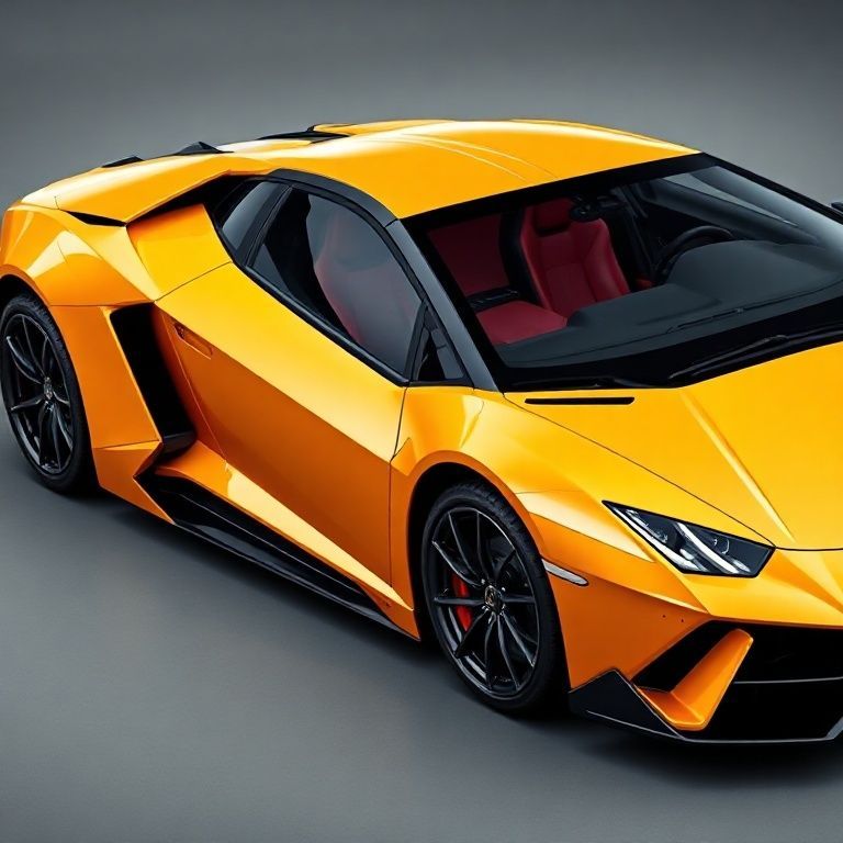 A sleek, high-performance Lamborghini sports car with an aerodynamic, aggressive stance. The body features sharp, angular lines and a low, wide profile for optimal speed and stability. Visually striking in a vibrant, glossy color such as Lamborghini’s signature yellow, red, or metallic black, it has large, intricately designed alloy wheels, a prominent front grille, and aerodynamic air intakes. The car’s windows are tinted, revealing a luxurious, high-tech interior with leather seats and modern digital displays. The overall aesthetic exudes power, sophistication, and cutting-edge design.