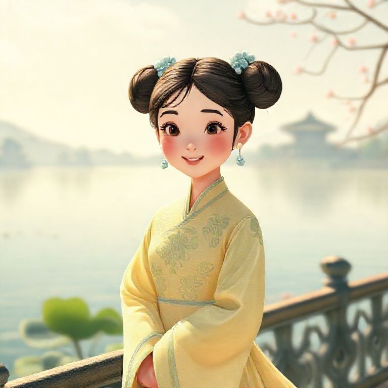 一位20岁左右身着淡鹅黄色宋制襦裙，上衣绣嫩绿色荷叶边花纹的萌萌小姑娘，梳着双螺髻，插着浅蓝色珠翠发簪，站在西湖边，微风吹动她的裙摆，她脸上带着甜美的笑容，仿佛在赞叹西湖无论何时都如美人般美丽。8K高清，中国古代卡通，3D皮克斯风格。