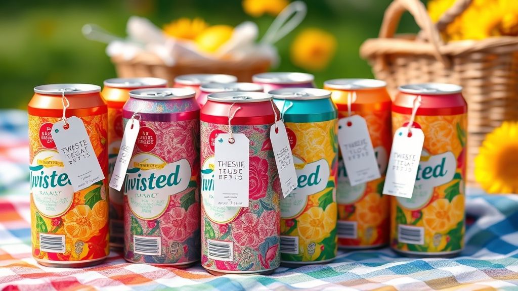 Colorful assortment of Twisted Tea cans with price tags, vibrant summer picnic setting.