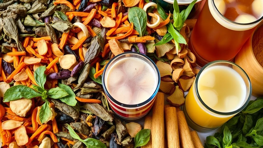 Colorful assortment of fermented tea leaves and beverages, showcasing diverse flavors and textures.