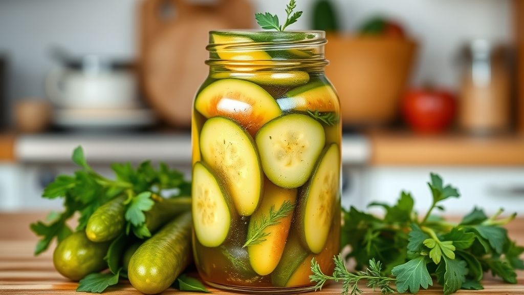 Colorful jar of pickle juice with fresh pickles and herbs, set against a kitchen backdrop.