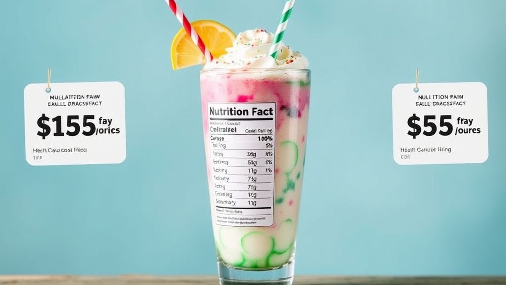 Colorful milkshake with nutritional labels and price tags, highlighting health and cost analysis.