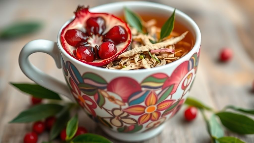 Colorful tea cup with pomegranate and white tea leaves, showcasing caffeine content.