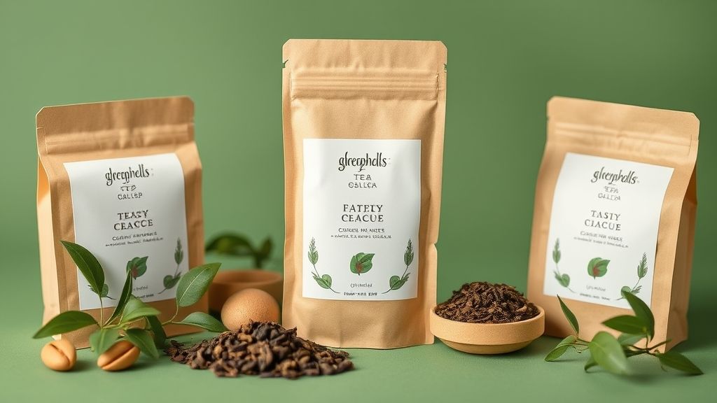 Eco-friendly tea packaging with compostable elements and natural materials.