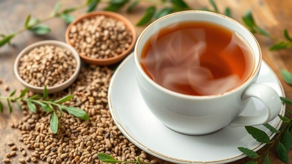 Flaxseed tea ingredients with a steaming cup, showcasing health benefits and a natural vibe.