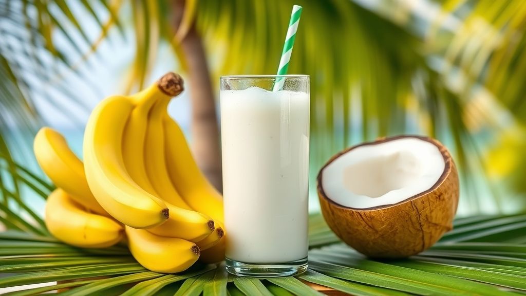 Fresh bananas and coconut water in a tropical setting, highlighting health benefits and hydration.