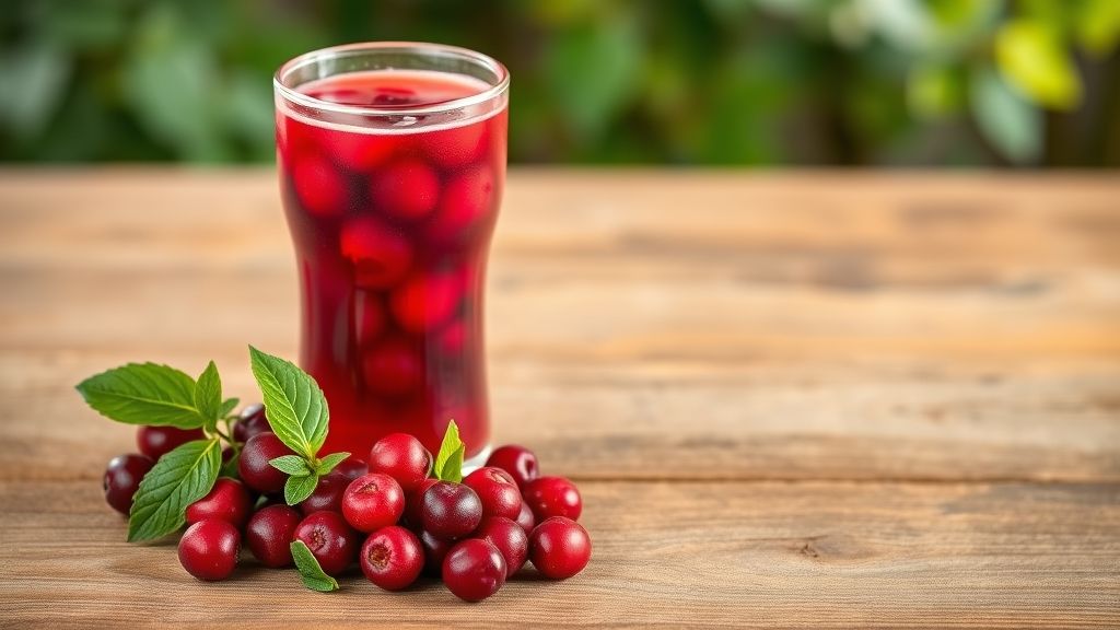 Fresh cranberries and juice on a wooden table, highlighting health benefits