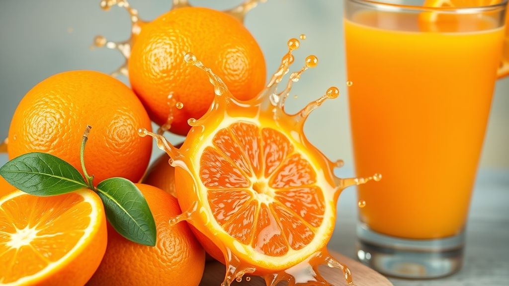 Fresh oranges with juice splashing, vibrant colors, and a glass of orange juice.