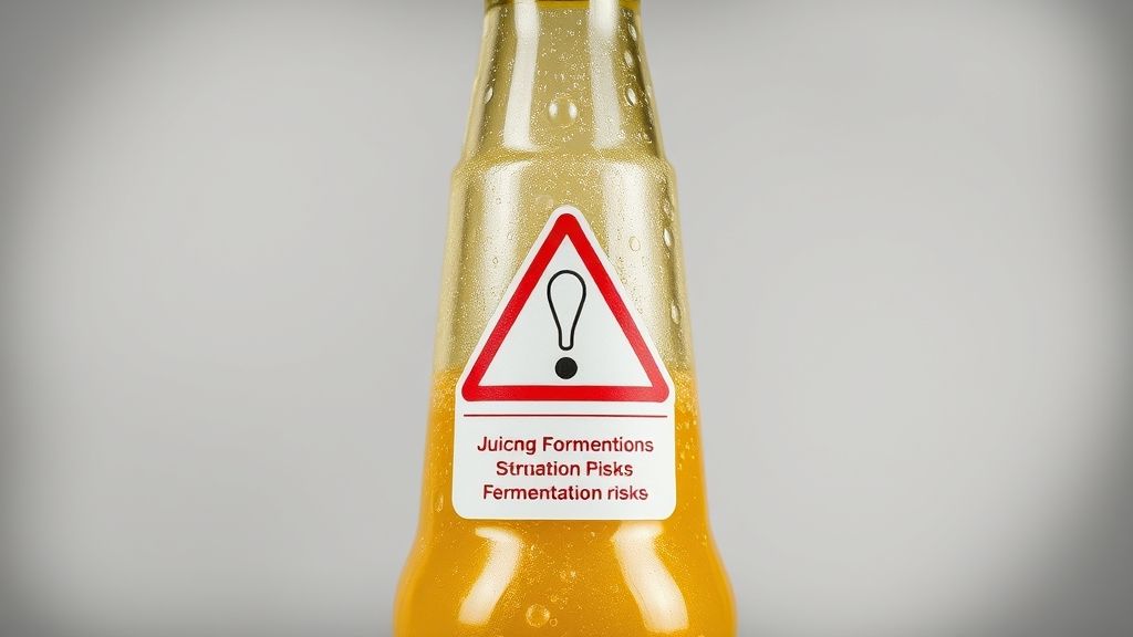 Juice bottle with bubbles and warning symbols, showcasing fermentation risks.