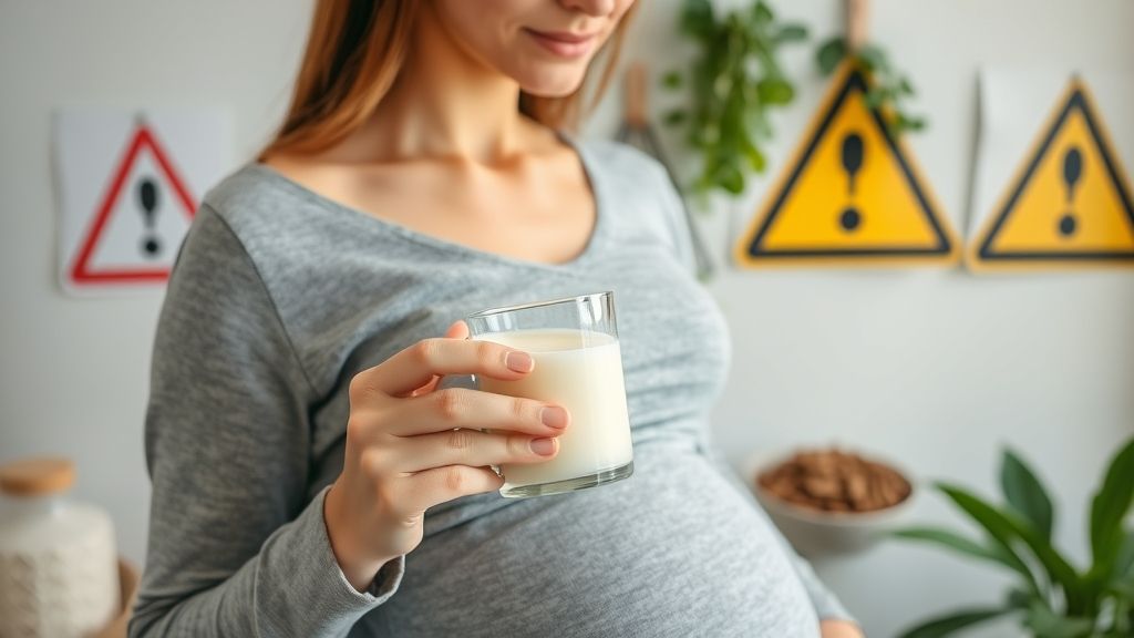 Pregnant woman enjoying a cup of milk tea with caution signs and herbal elements in the background.