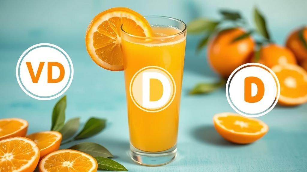 Refreshing glass of fortified orange juice with vitamin D symbols and vibrant oranges.