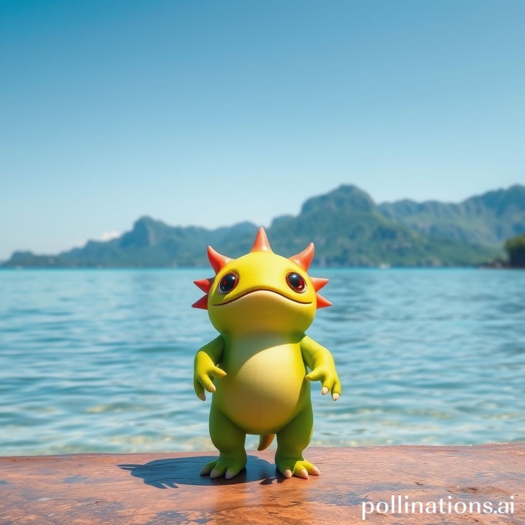 一个可爱的小怪兽，背景是海洋和热带风光。天空湛蓝，水面平静，远处普吉岛群山清晰可见，风格柔和，照片 