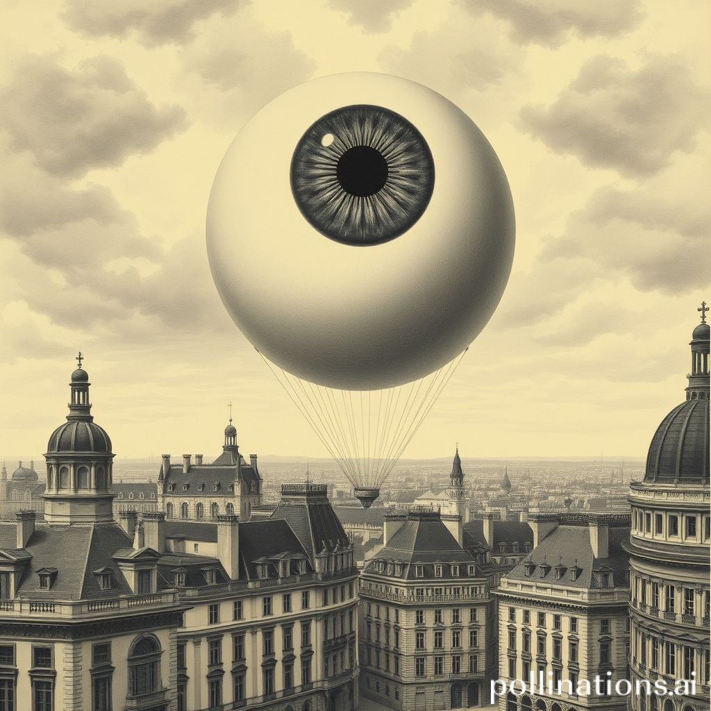 一个巨大的眼球像气球一样漂浮在 19 世纪欧洲首都上空的 aquatint 照片