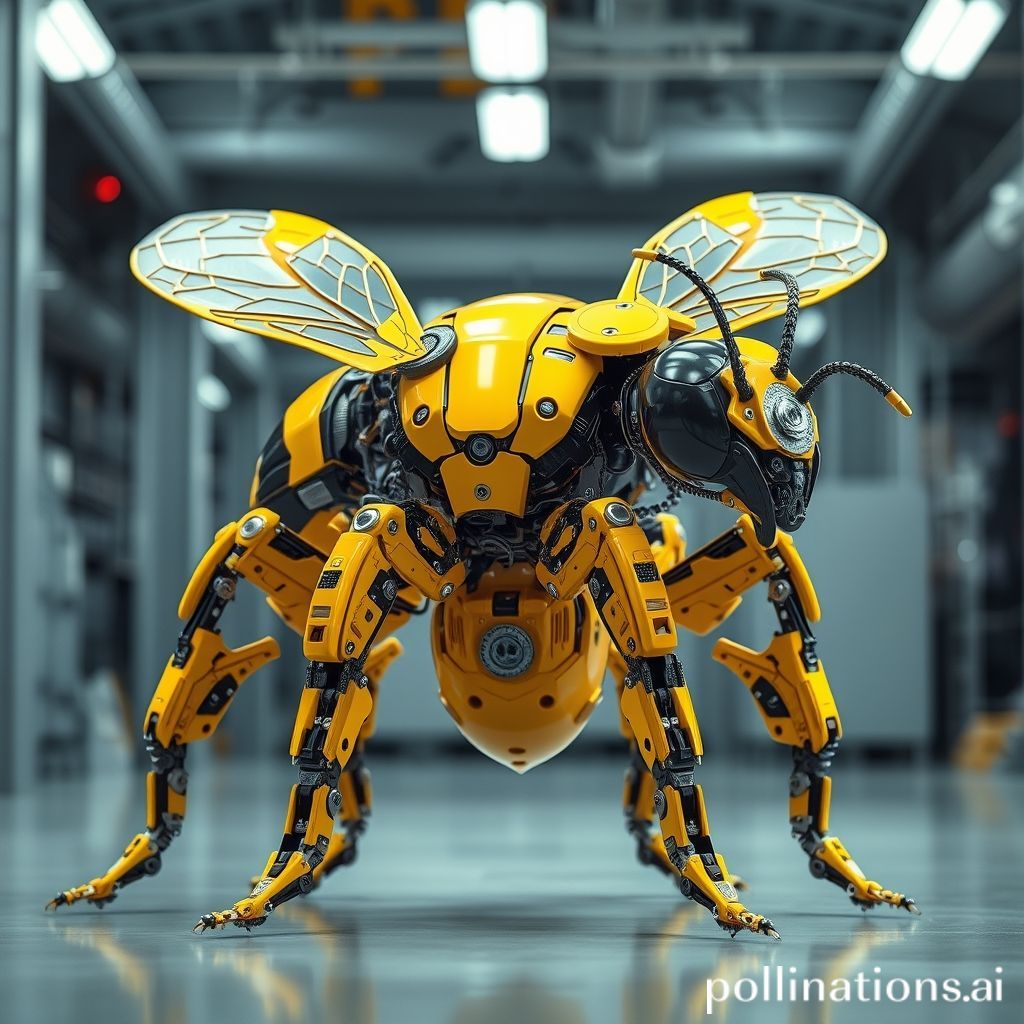 一个高度详细的机器蜜蜂，由许多复杂的机械部件、齿轮和关节构成，赋予它未来主义和工业的外观。它的身体主要是黄色，带有黑色和金属银色元素。腿、触角和分段的身体部位由似乎是先进的机器人和机械组成，使其看起来像一只机械蜜蜂。