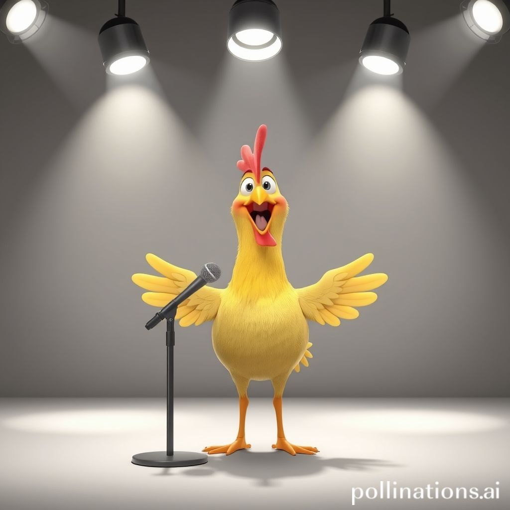 一只 3D 卡通鸡站在带有麦克风支架的喜剧舞台上，大笑，自信的表情，来自上方的聚光灯，灰色屏幕背景，3D 卡通