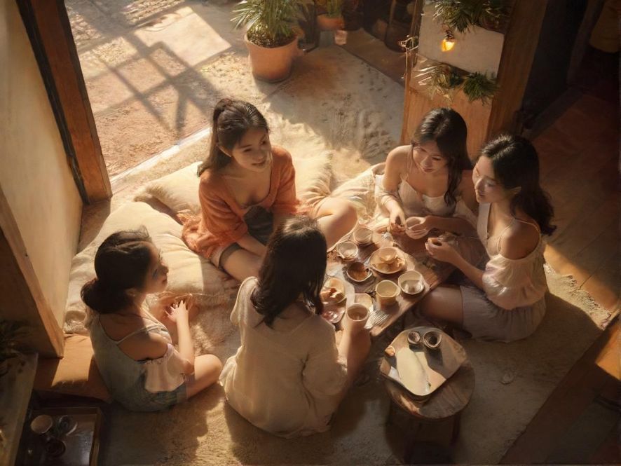 蛙友社区论坛中的年轻人正在咖啡馆里愉快地交流