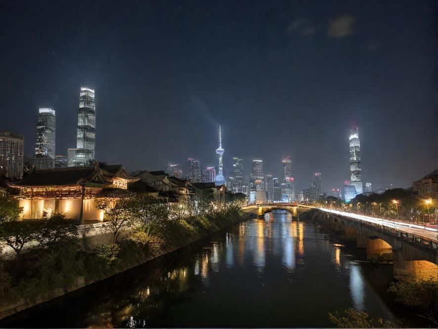 广东都市夜景,华灯初上,车水马龙,一派繁华景象