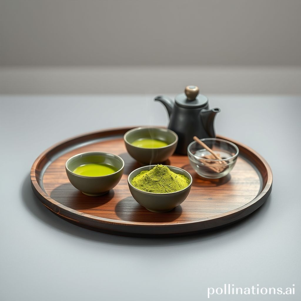 木盘上的现代日本茶具，抹茶粉和蒸汽上升，禅宗极简主义。