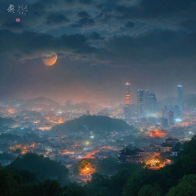 华灯初上的深圳夜景，高楼林立，霓虹闪烁，远处沙井的灯火也点亮了都市的另一番风情。