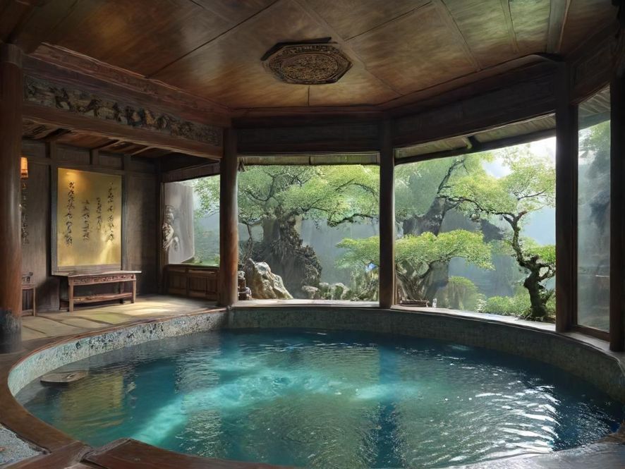 深圳罗湖东方银座水疗内部,柔和灯光下呈现现代奢华感,水疗池或按摩室的宁静氛围