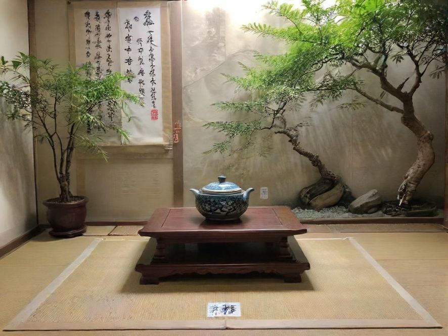 一位深圳茶艺师的侧面特写,在柔和光线下的传统茶室中进行茶道表演