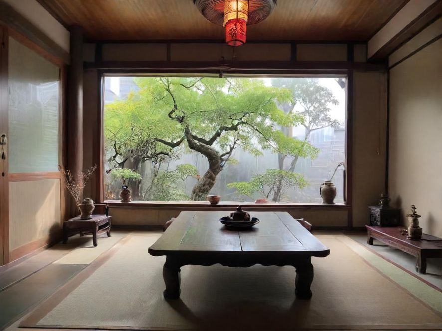 一间温馨雅致的茶室,柔和的灯光下,茶香四溢,营造出宁静舒适的氛围