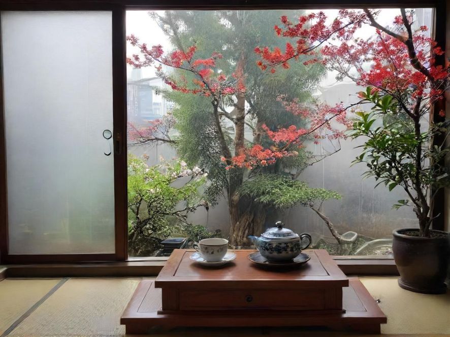 一间充满东方韵味的茶室,灯光柔和,装饰雅致,营造出私密而放松的氛围。