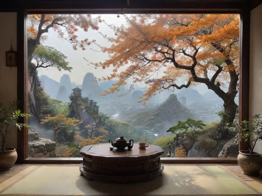 五一茶馆内部一角,暖色灯光下,木质茶桌与舒适软垫座椅错落有致,几盆绿植点缀其间,营造出宁静温馨的氛围。