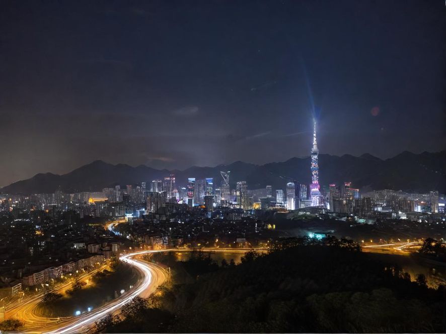 夜晚的现代都市,高楼林立,灯火辉煌,车流如织,呈现出一种充满活力的赛博朋克风格俯瞰视角。