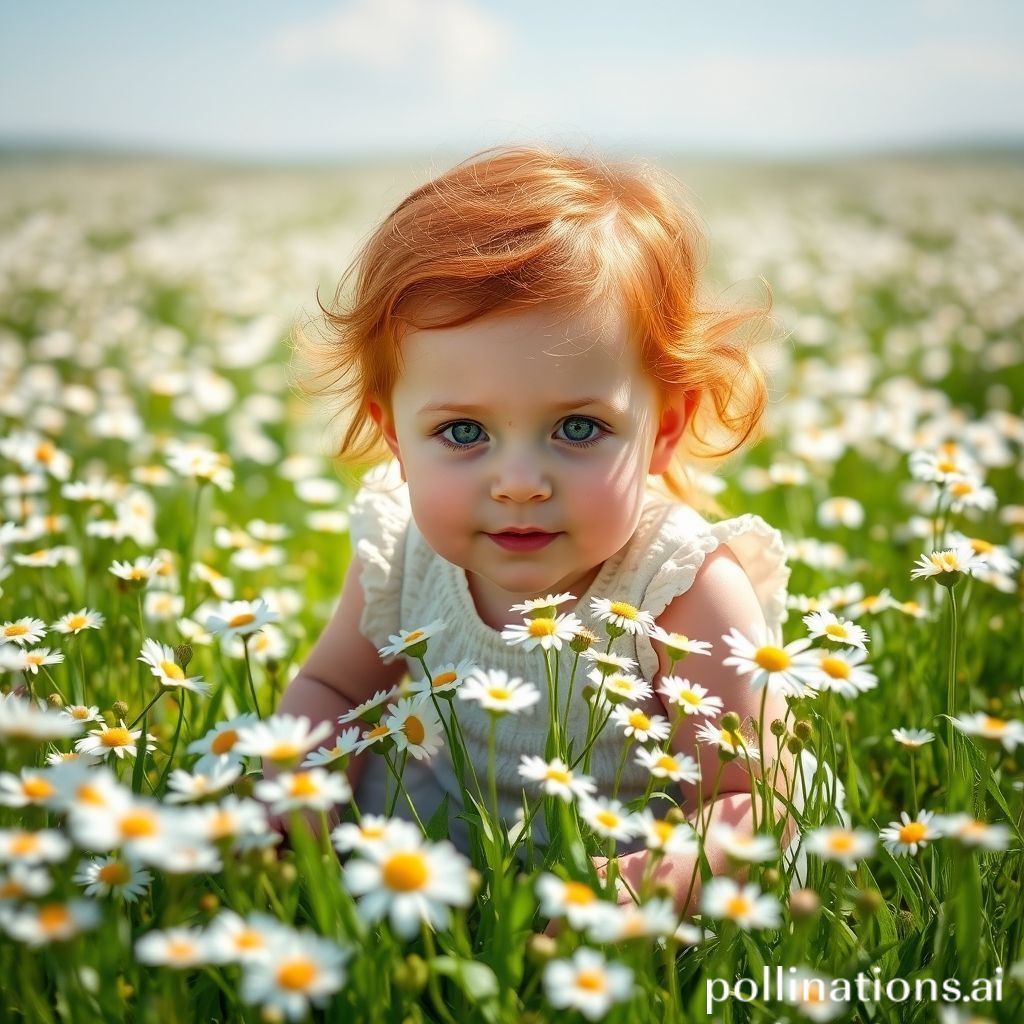 红头发的蹒跚学步的小女孩，长着明显的雀斑和绿色的眼睛，坐在一片雏菊田里