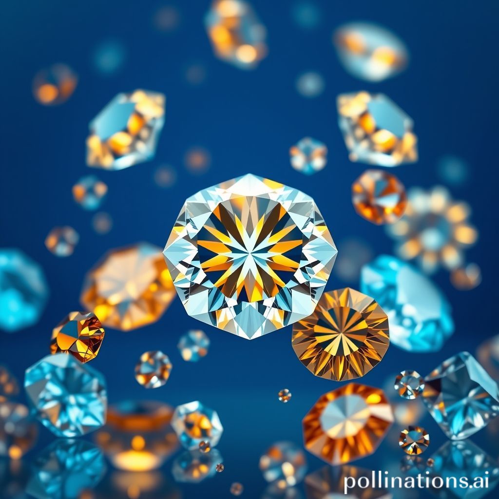 该图像是钻石的特写。菱形位于图像的中心，周围环绕着蓝色背景。钻石的大小和形状各不相同，有些较大，有些较小。钻石的颜色是蓝色、橙色和黄色的混合，营造出充满活力和引人注目的效果。图像具有梦幻和空灵的品质，钻石似乎漂浮在空中。