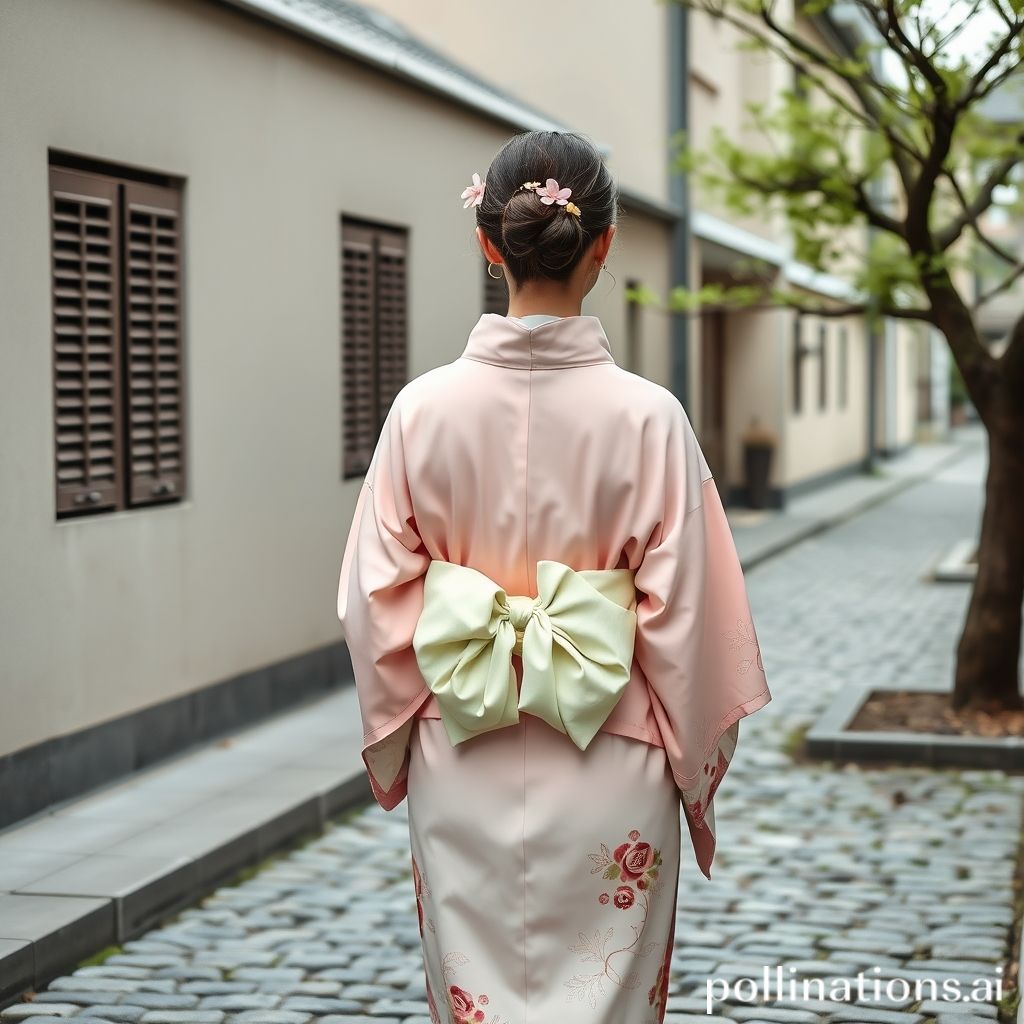 该图像显示了一个女人走在鹅卵石街道上。她穿着一件浅粉色和绿色的传统日本和服，上面有花卉图案，背上有一个完美的蝴蝶结。这个女人的头发扎成一个发髻，头发上插着一朵花。她似乎正在走向一栋建筑物。这座建筑有灰色的屋顶，窗户上有百叶窗。街道两旁是鹅卵石，图像右侧有一棵树。
