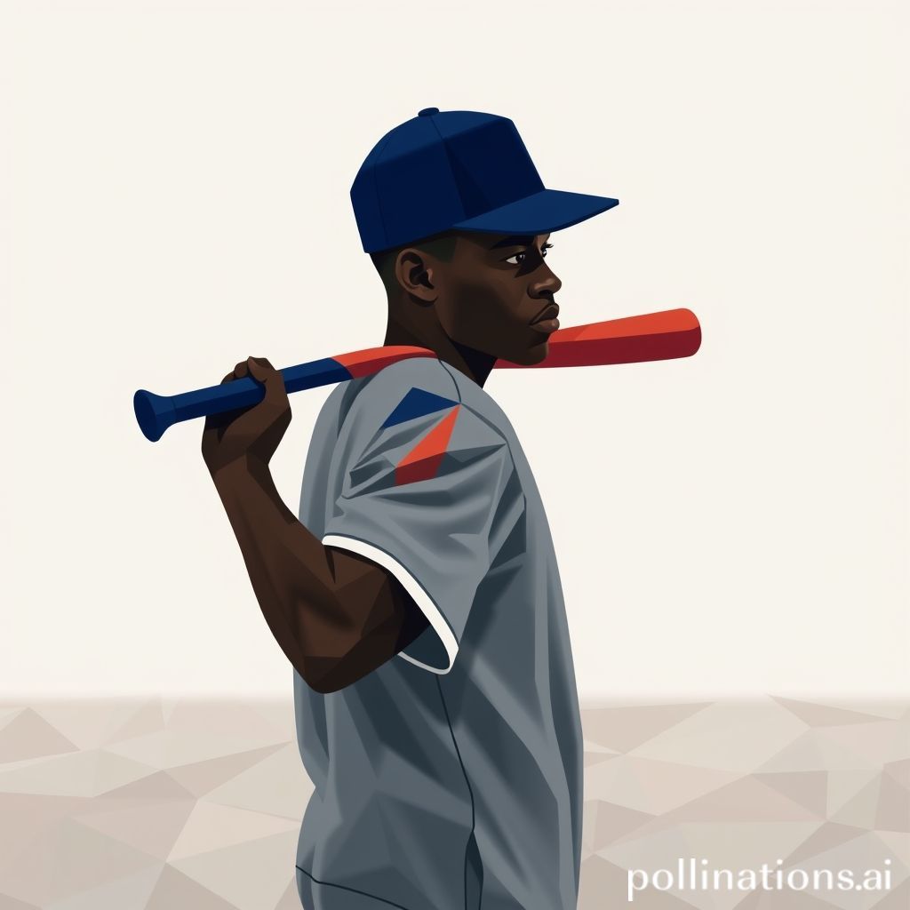 黑人棒球运动员戴着平檐棒球帽，肩上扛着一根棒球棒，由地理形状制成，有很多三角形，颜色为海军蓝和红色，模棱两可的图形地面 