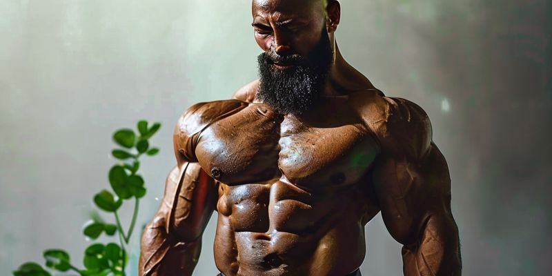 Vegan bodybuilder with 15% lean mass, healthy lifestyle, joyful ambiance, focusing on gut health
