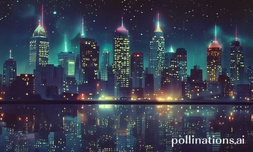 City with quantum lighting in the 1950s