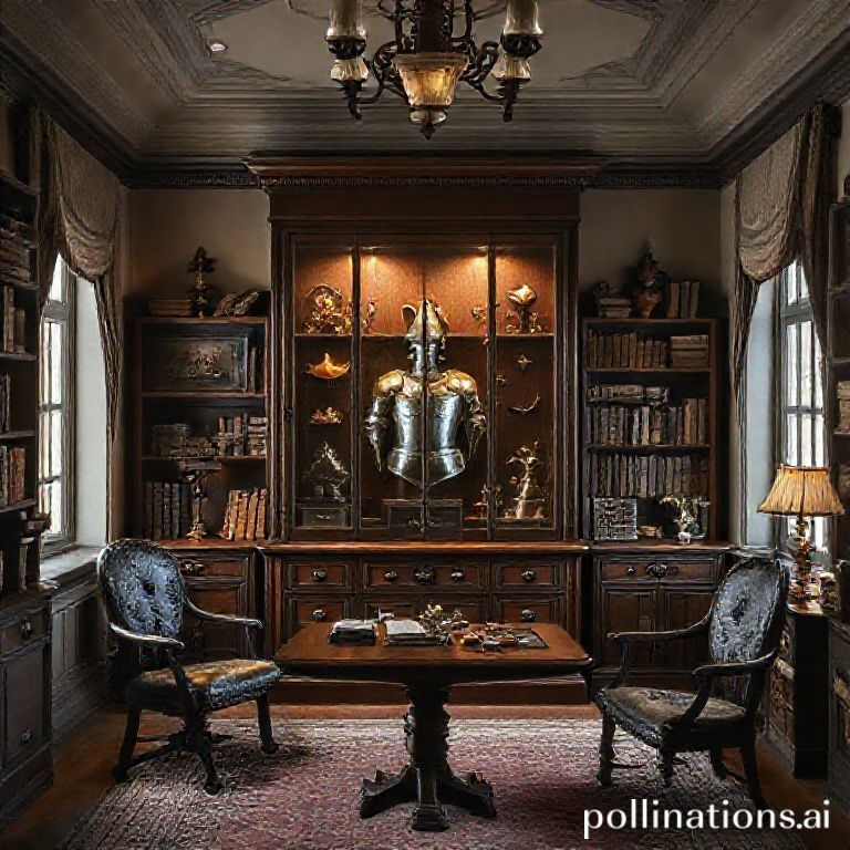 Gabinete de Curiosidades do s&eacute;culo XIX com miniatura de armadura