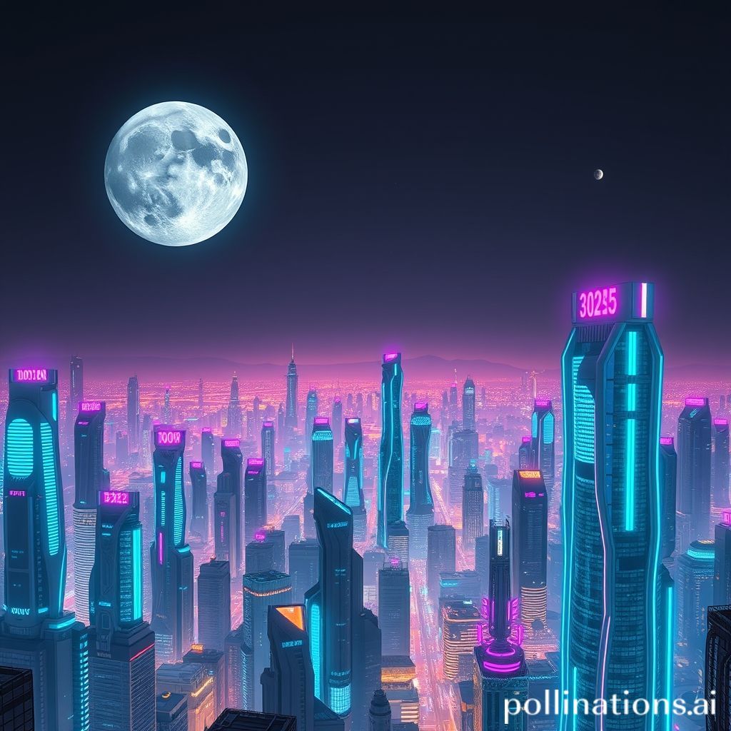 3025 年外星球上的一个大型未来主义大都市，许多非常高的未来主义摩天大楼，现在是夜晚，一轮巨大的月亮照亮了这座城市，这座城市本身也被霓虹灯照亮，天空中还有另外 2 颗行星可见