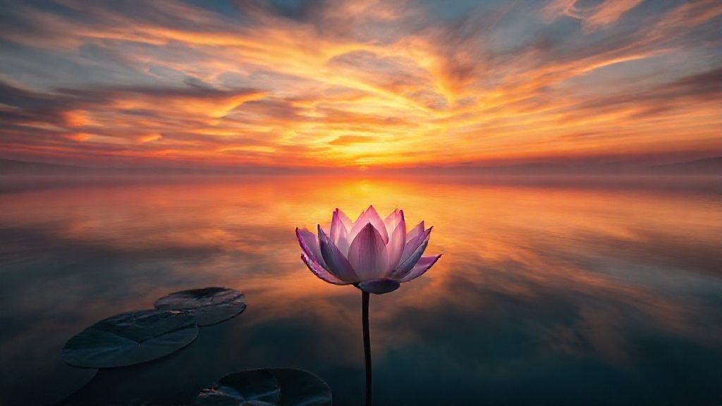 A Barcelona sunset painting the sky with swirling ambers and violets, reflecting on a tranquil lake. A single, luminous lotus blooms, its petals mirroring the light. Mystic, ethereal, 4k.