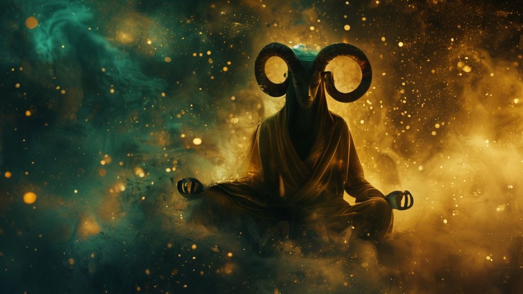 A Capricorn silhouetted in golden light, meditating amidst swirling cosmic dust. Deep indigo and emerald hues suggest intuition and spiritual growth. Ethereal, flowing robes, cinematic lighting, 4k.