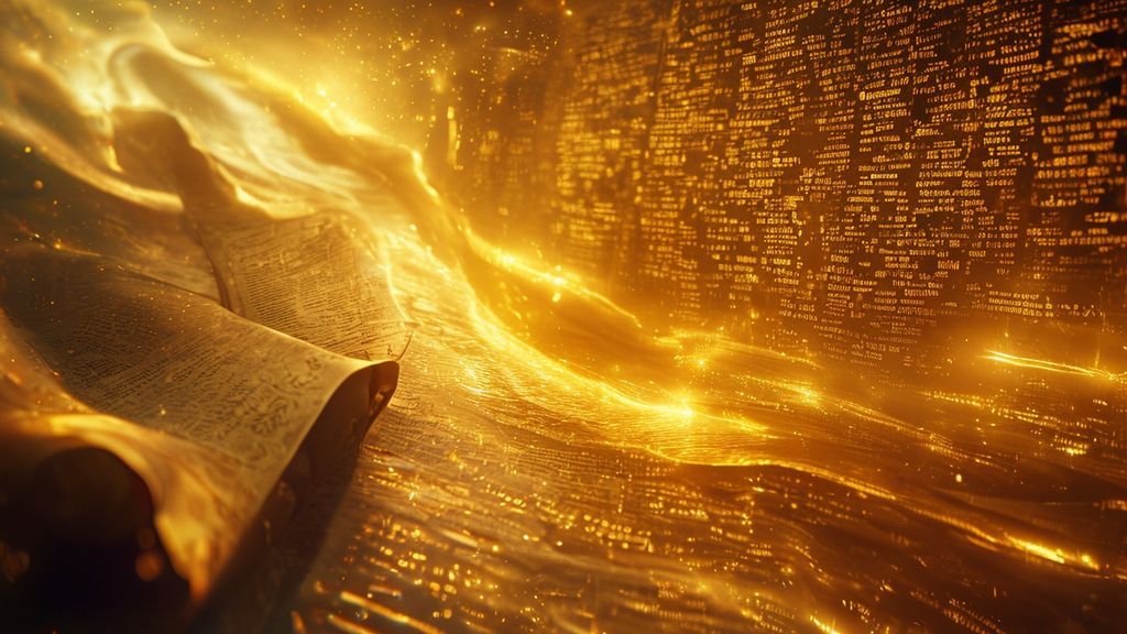 A Gemini figure, split between parchment scrolls and a flowing river of vibrant words. Golden light illuminates both, reflecting a celestial map. Mystic, ethereal, 4k, cinematic.