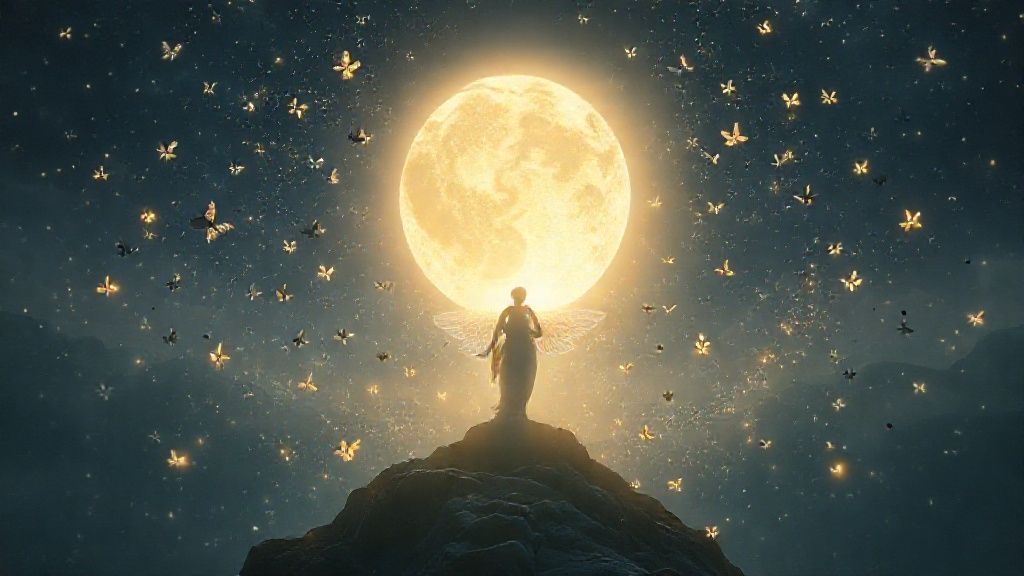 A Gemini full moon illuminates a mindscape. Gossamer thoughts swirl, like luminous butterflies, around a central figure bathed in soft, celestial light, fostering clarity and healing.