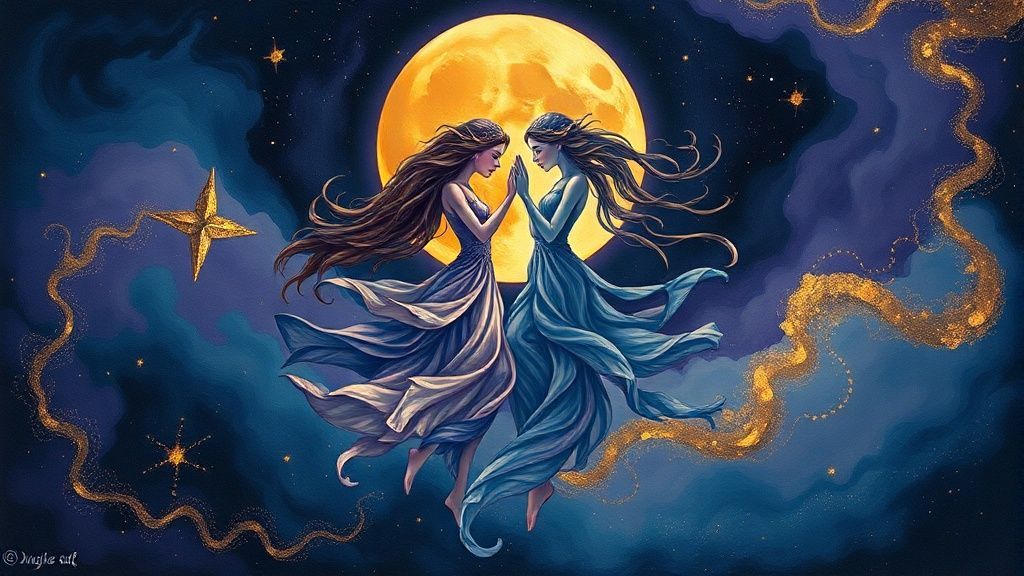 A Gemini-inspired celestial dance. Two ethereal figures, one emotion, one intellect, intertwined under a vibrant, split-toned moon. Deep blues, golds, and purples swirl in a cosmic ballet of duality.
