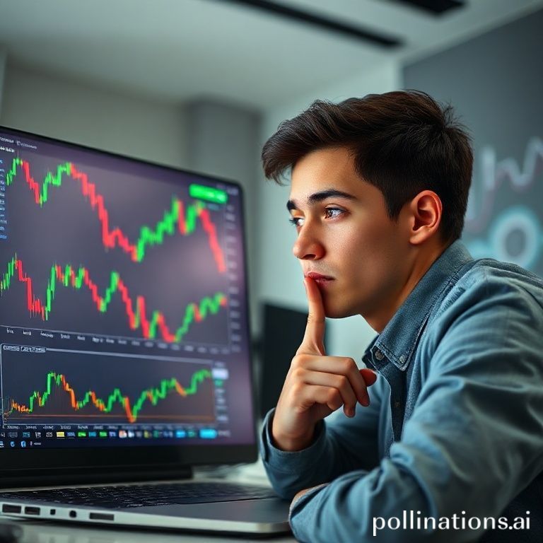 A Gen Z person (could be male or female, diverse) looking intensely at a laptop screen showing detailed trading charts. The charts display green and red candlestick patterns, with clear visual indicators like RSI and Stochastic curves highlighting regions labeled 'Oversold' (in blue) and 'Overbought' (in red). The person has a thoughtful, focused expression, perhaps pointing subtly at the screen or resting their chin on their hand. The background is a modern, slightly minimalist workspace with digital elements suggesting financial growth, such as subtle upward-trending lines or abstract money symbols. The overall mood is serious yet optimistic, capturing the essence of a young, tech-savvy trader.
