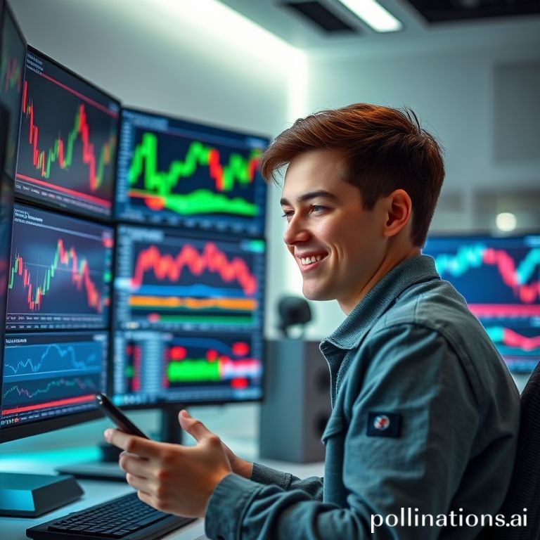 A Gen Z person (could be male or female) intensely looking at multiple screens displaying vibrant trading charts with various indicators like Moving Averages, RSI, MACD, and Bollinger Bands. They might be holding a smartphone or a tablet, with a focused expression, maybe a slight smile of understanding. The background should be modern, clean, with hints of technology (e.g., subtle neon lights, minimalist desk setup). The overall vibe should be energetic, smart, and forward-looking, reflecting the excitement of modern trading.