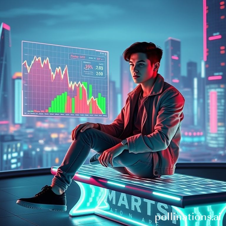 A Gen Z person (looks around 20-25, stylish, confident expression) sitting casually on a futuristic glowing blockchain-like bench. In the background, a digital cityscape with financial graphs showing a sharp downward trend, symbolizing a 