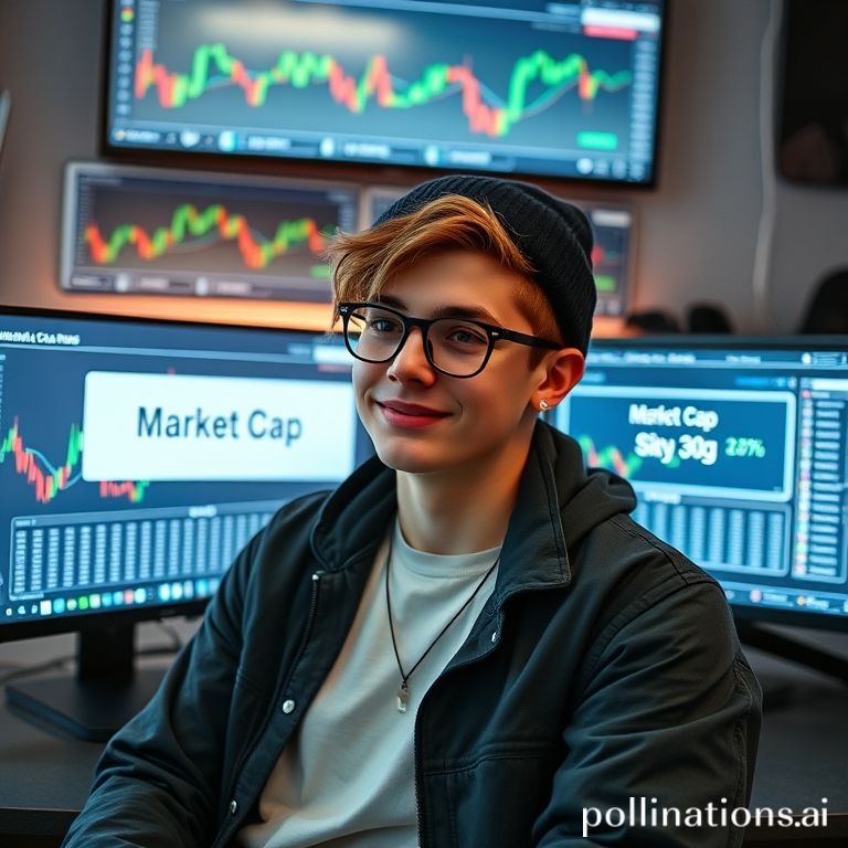 A Gen Z person (wearing stylish, casual clothes, maybe a beanie or cool glasses) sitting in front of multiple computer screens displaying cryptocurrency charts and graphs. The person has a thoughtful yet confident expression, perhaps with a slight smile. The vibe is modern, techy, and a bit edgy. On one screen, there's a prominent infographic or text box explaining 