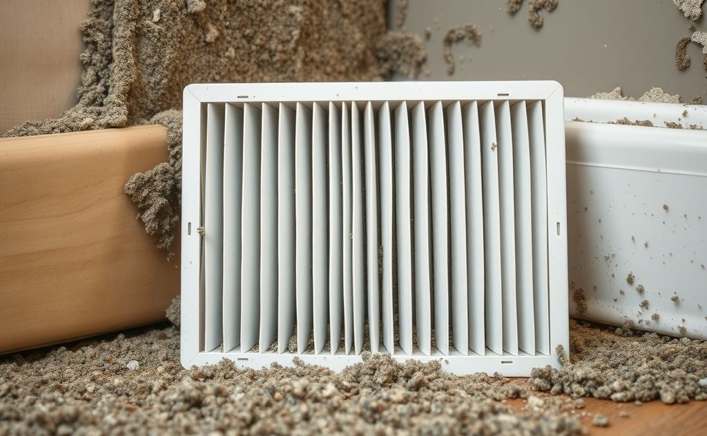 A HEPA air filter surrounded by mold spores in a home setting.