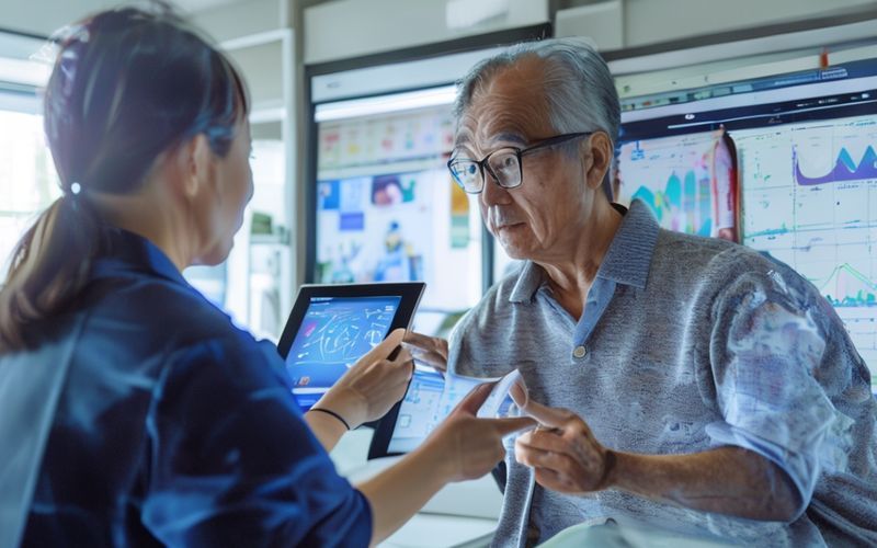 理学療法士がAIによるデータ分析結果をタブレットで患者に説明している様子。人と技術が協働するリハビリテーションのイメージ。