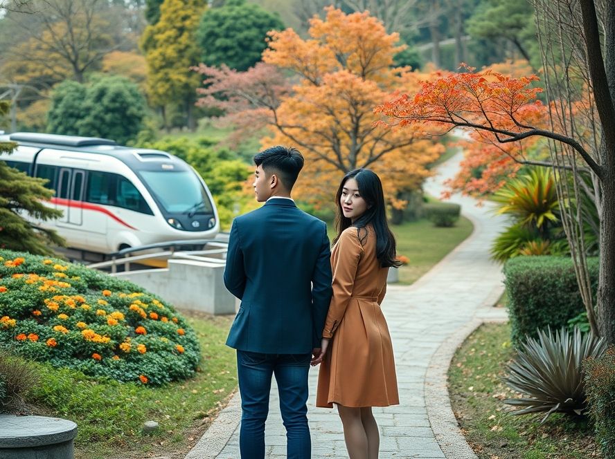 화담숲에서 모노레일 탑승 또는 도보를 고민하는 방문객의 모습.